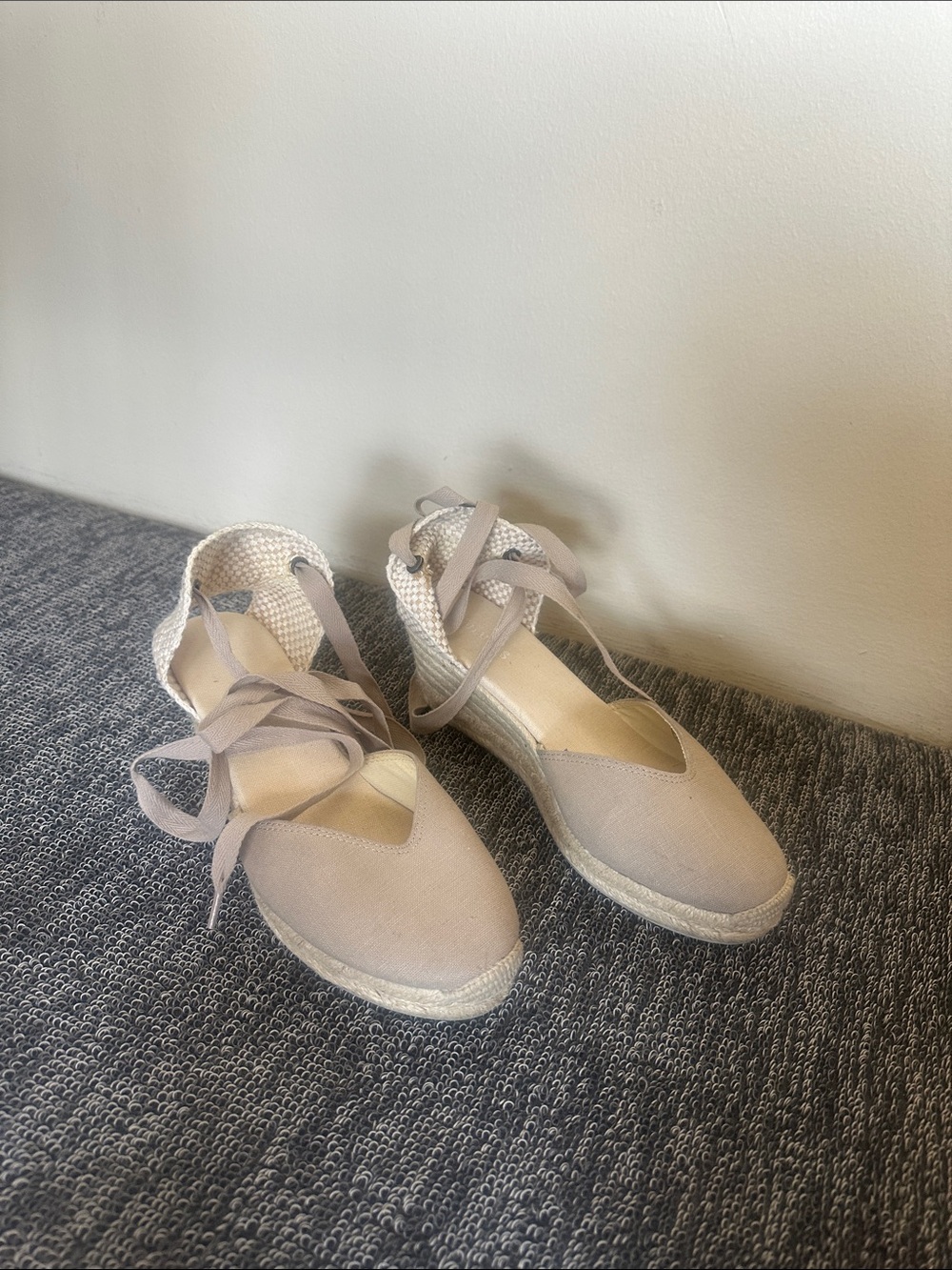 Soludos Beige Lace-Up Espadrille Wedge Sandals